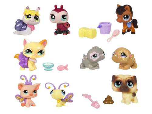 Littlest Pet Shop Set of 9 Pets Wave 1 Ladybug Snail Pony Cat Twin Hamsters Pug Pig Butterfly