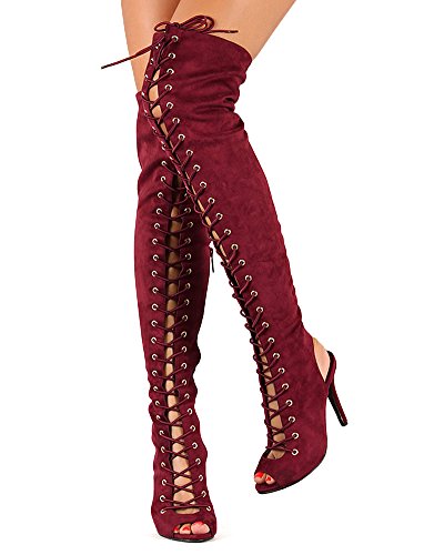 Breckelles BF25 Women Suede Lace Up Back Cut Out Thigh High Boot - Berry