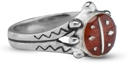Sterling Silver Red Coral Mosaic Inlay Ladybug Ring