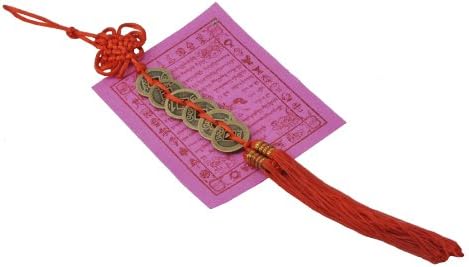 Chinese Red Enless Knot Six Feng Shui Coins, Feng Shui Money, I Ching Coins, Chinese Coins, Free Buddhist Lungta Paper Prayer, Good for Wealth, Love and Health, #25