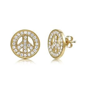 14K Gold Over Silver / Vermeil CZ Peace Sign Stud Earrings - Ideal Gift For Mother Day, Anniversary, Engagement, Wedding, Birthday, For Her