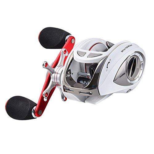 New for 2016! KastKing WhiteMax 5.1:1 Low Gear Ratio Baitcasting Reel with 9 + 1 shielded stainless ball bearings, 6 magnet brake system, affordable price. Amazing! (White & Red, Right Handed)