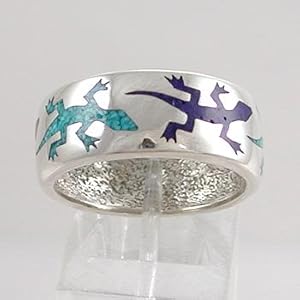 Southwestern Style Lizard Band Ring in Sterling Silver with Turquoise and Lapis Inlay for Men or Women, Sizes 5, 6, 7, 8, 9, 10, 11, 12, 13, 14, and 15, #10991