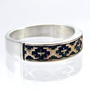 Southwestern Native American Handcrafted Apache Cross Band Ring in 14 kt. Gold and Sterling Silver by M. M. Rogers, Size 9, #11256