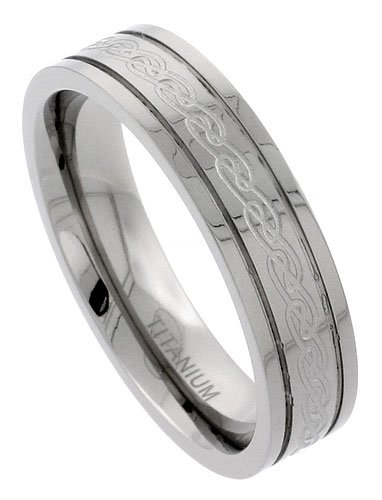 Titanium 6 mm (1/4 in.) Flat Comfort Fit Wedding Band Ring w/ Etched Celtic Knot work & Raised Edges (Available in Sizes 7 to14)