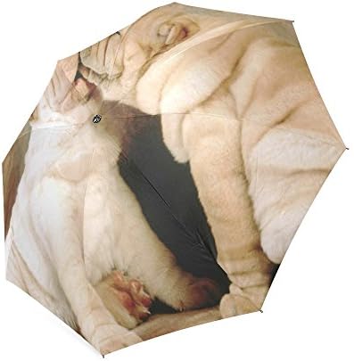 Christmas /Thanksgiving Day Gift White Bulldog Puppies Animals Kiss Each Other Compact Travel Windproof Rainproof Umbrella