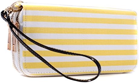 Dasein Double Zip-Around Canvas Wallet With Detachable Wristlet Strap - Yellow Stripe