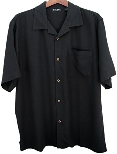 Mens Solid Black Silk Camp Shirt Casual (Large)