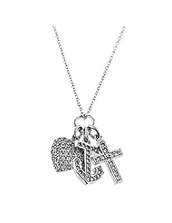 Sterling Silver Cross Heart and Faith Anchor Cubic Zirconia Pendant Necklace