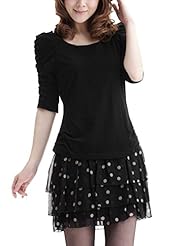 Puff Sleeves Above the Knee Dots Print Chiffon/Polyester Pleated Tiered  Dress