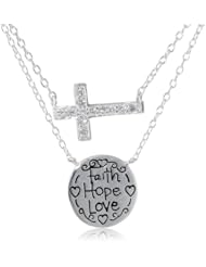 Sterling Silver Duo Necks, Crystal Cross and "Faith Hope Love" Engraved Disc Necklace, 16"+2" Extender