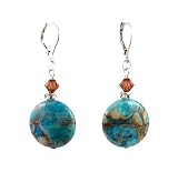 Earrings - E338 - Genuine Chrysocolla Gemstone and Swarovski (tm) Crystals ~ Round Circle Disk