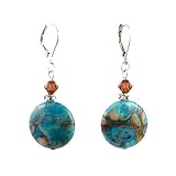 Earrings - E338 - Genuine Chrysocolla Gemstone and Swarovski (tm) Crystals ~ Round Circle Disk