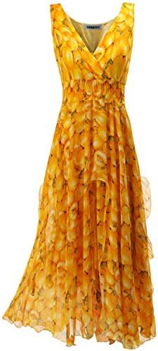 SUNNYCI Women's Summer Beach Trendy Printed Long Dress PEACHYELLOW Size S