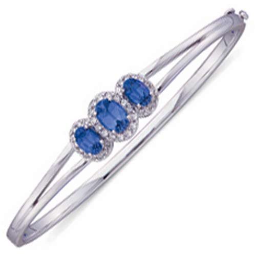 0.50Ct.T.W. Sparkling Round Cut Diamonds, Oval Shape Chatham Created Blue Sapphire, 14Kt. White Gold Bracelet