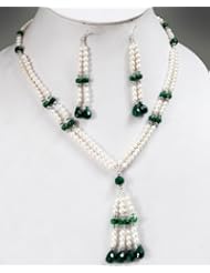 2 Strands Elegant Natural Fresh Water Pearl & Emerald Drops Beaded Necklace with Free Earrings
