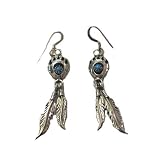 Handcrafted Sterling Silver Dangle Bearclaw Hook Earrings with Feathers and Turquoise