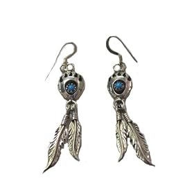 Click here to buy Handcrafted Sterling Silver Dangle Bearclaw Hook Earrings with Feathers and Turquoise by Roger Enterprises.