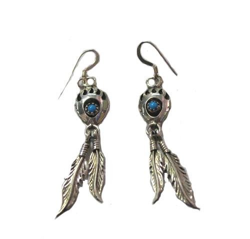 Click here to buy Handcrafted Sterling Silver Dangle Bearclaw Hook Earrings with Feathers and Turquoise.