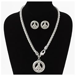 Silver Tone Peace Sign Pendant Necklace & Earrings Set Fashion Jewelry