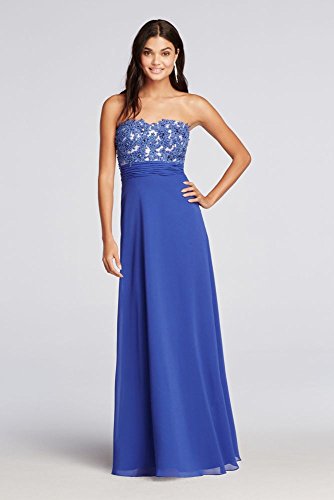 Strapless Chiffon Prom Dress with Lace Bodice Style 183020DB, Royal, 0