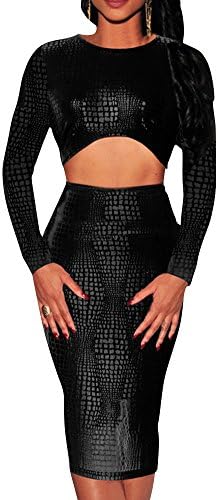 PEILUMENG Women's Bodycon Sexy Faux Leather Top Skirt 2 Pieces Set Black L