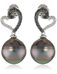 10k White Gold, Tahitian Cultured Pearl and Diamond Heart Earrings (0.25 cttw, GH Color, I2-I3 Clarity)