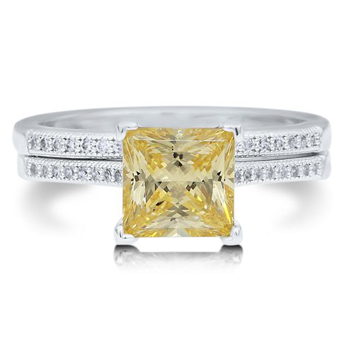 Sterling Silver 925 Princess Cut Canary Cubic Zirconia CZ 2pc Ring Set - Nickel Free Engagement Wedding Ring Set Size 6-Mother's Day Gift Jewelry Sterling Silver 925 Princess Cut Canary Cubic Zirconia CZ 2pc Ring Set - Nickel Free Engagement Wedding Ring Set Size 6-Mother's Day Gift Jewelry