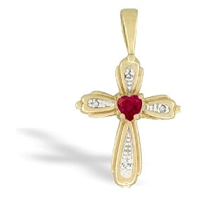 14K Yellow Gold Genuine Heart Ruby and Diamond Cross Pendant by Jewels For Me