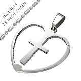 Stainless Steel Heart and Cross Pendant with 23 Inch Stainless Steel Chain