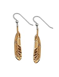 14K Yellow Gold Western Range Eagle Feather Earrings. Made in USA.
