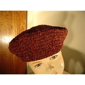 B305br, Hand Crocheted Brown Color Chenille and Gimp Tweed Dior Beret