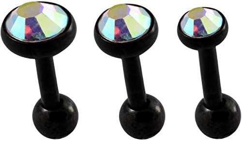 Set of 3 Sizes Cartilage Studs: 16g 6mm Barbells with 3mm, 4mm and 5 mm Crystals