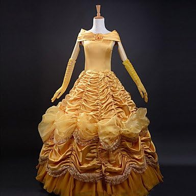 Luy Beauty and the Beast Belle Princess Golden Satin Evening Gown Dress Women's Halloween Costume