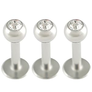 16g 16 gauge (1.2mm), 1/4 Inches (6mm) long - 316L Surgical Stainless Steel Lip Bar Labret Ring set Monroe Ear Tragus Stud Earrings with 3mm Clear crystal balls lot CBHU - Pierced Jewellery Body Piercing Jewelry- Set of 3