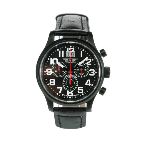 AVIATOR 40017-54-05 // Quarz Chronograph // Ronda 5040.B, Edelstahlgehäuse schwarz // Saphirglas, Lederband // 5 ATM