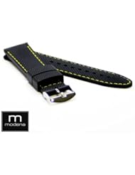 22MM Black MODENA Italian Rubber Watch Band with Yellow stitching