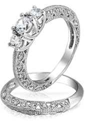 Bling Jewelry Vintage Style 3 Stone Round CZ Wedding Anniversary Ring Set 925 Sterling Silver