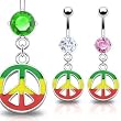 316L Surgical Steel Belly Ring with Prong Set Round Green Cubic Zirconia and Rasta Colored Peace Sign Dangle - 14G - 3/8" Bar Length - Sold Individually