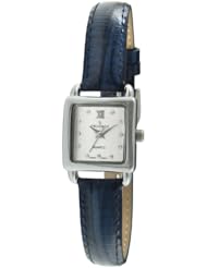 Peugeot 3034BL Ladies Mini Square Silvertone Crystal Silver Dial Blue Leather Watch