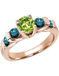1.78 Ct Round Green Peridot Blue Diamond 18K Rose Gold Ring