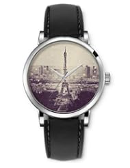 SPRAWL Aanalog Fashion Series Silver Ladies Watches of Genuine Black Leather Strap,Unique Wrist Watch for Women Girls Designed with Tower in Paris