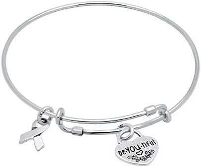 Jenaforte © .925 Sterling Silver Expandable Charm Bangle Bracelets Awareness Ribbon &amp; "Be.You.Tiful" Heart