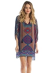 V-neck Lace-Up Slit Elbow Length Sleeves Silk General Print  Dress