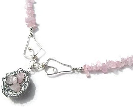 Rose Quartz and Silver Wire Wrapped Bird Nest Necklace, October Birthstone Pendant, Pink Gemstone Necklace