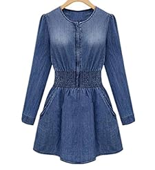 Petite Short Flared-Skirt Long Sleeves Denim/Polyester/Spandex Skater Dress/Mini Dress 