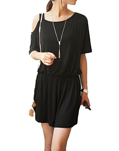 ナナコレクション Nana_Collection 2015 夏 コンビネゾン オールインワン オフショルダー ショート パンツ レディース アシンメトリー シャーリング 肩 出し あき 大きい サイズ ブラック グレー M L XL 2XL 3XL