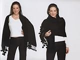 IMAGE OF SCARVES-WRAP-CASHMERE STOLE WITH MINK POMPOM BALLS FROM CASHMERE PASHMINA GROUP (BLACK)
