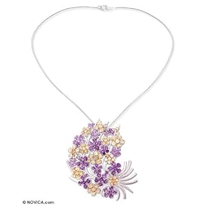 Amethyst and citrine brooch necklace, 'Lilac Spray' 17.3 L by