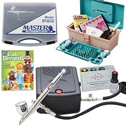 Airbrush Cake Decorating System Precision Dual-Action Gravity Feed Airbrush Set with Mini Air Compressor Plus 4 Americolor AmeriMist Airbrush Food Colors and 50 Piece Tool and Caddy Cake Decorating Kit, and Wilton 2011 Yearbook